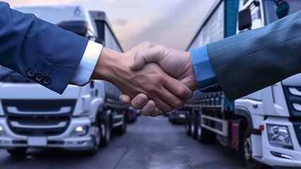 Businessman shakes hands with a expedition truck in the background.