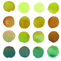 Set of colorful watercolor circles isolated on white. Green lime, brown, yellow circle painted watercolor on paper. 