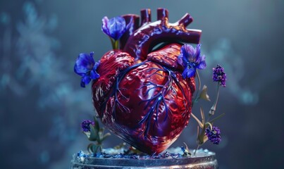 Naklejka premium Realistic model of a human heart on a silver pedestal, adorned with violets