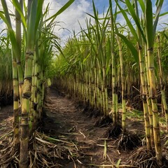 Fototapeta premium Sugar cane stalks with sugar cane plantation background