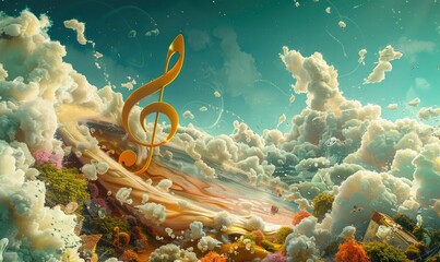 A painting of a cloud filled sky with a musical note in the middle