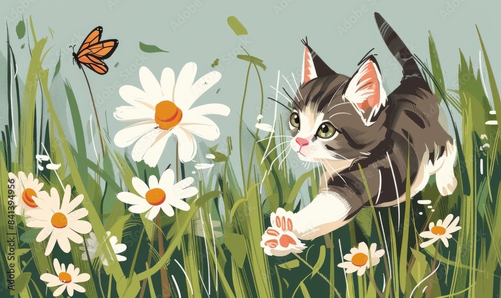 Wall mural A cat is running through a field of flowers