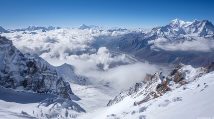 Obraz premium A strong katabatic wind clears away any clouds revealing a stunning view of the valleys and peaks below.