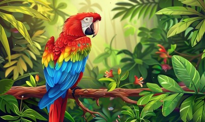 Obraz premium A colorful parrot is perched on a branch in a lush green jungle