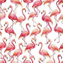 Fototapeta premium A repeating pattern featuring pink flamingos in a watercolor style, isolated on a white background. This pattern is perfect for adding a touch of tropical flair to any project. Generative AI