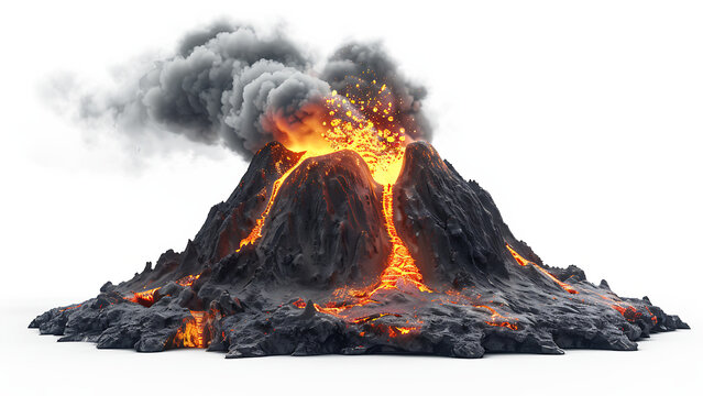 Volcanic eruption, lava flowing from the mountain, isolated on transparent background.