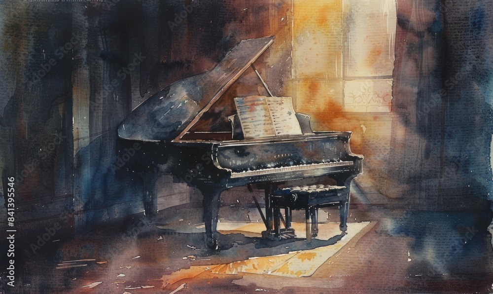 Wall mural A painting of a grand piano with sheet music on top of it