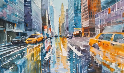 A painting of a city street with a taxi cab in the foreground