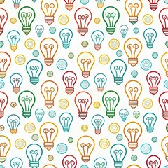 Naklejka premium A seamless pattern of colorful line art light bulbs on a white background. Generative AI