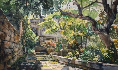 A painting of a garden with a stone wall and a brick staircase