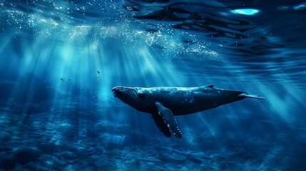 Fototapeta premium Whale in the ocean. Large aquatic mammal. Humpback whale, blue whale. Wild nature. Ocean fauna. Cetacean sea animal