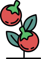 A black and white drawing of a plant with two berries and a leaf