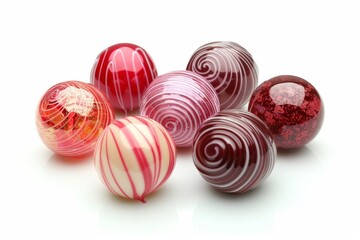 Obraz premium Colorful assortment of gourmet truffles with intricate patterns and vibrant colors, set against a clean background, showcasing a variety of flavors