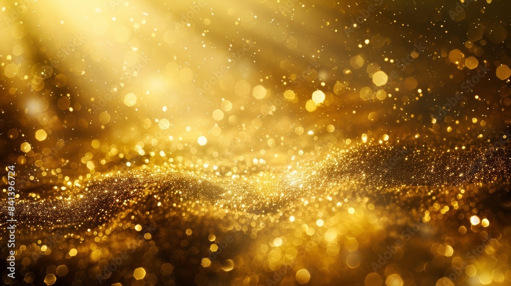 Poster a photo of gold dust particles dancing in a beam of sunlight, creating a magical and mystical atmosp