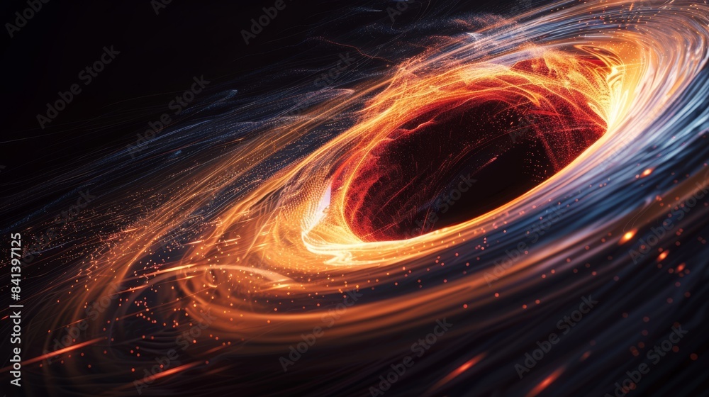 Poster a black hole's gravitational pull distorting the fabric of spacetime, creating a mesmerizing vortex of light and darkness,