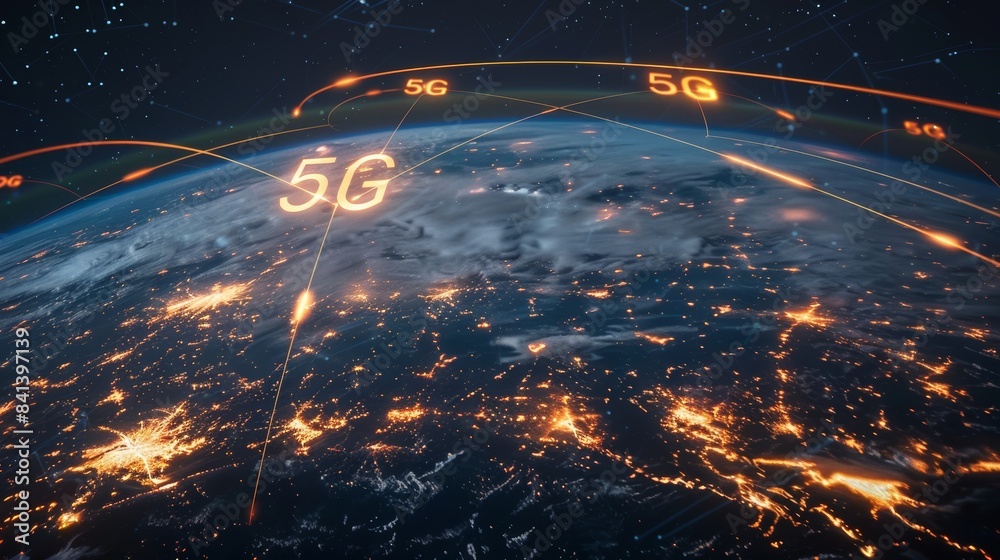 Poster A photorealistic depiction of 5G communication signals traversing the globe, visualized as a network of glowing lines and nodes against a dark background.
