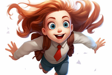 Delightful cartoon schoolgirl character with a backpack on a white background. Playful and bright illustration.
