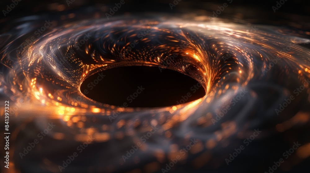 Poster a black hole's gravitational pull distorting the fabric of spacetime, creating a mesmerizing vortex of light and darkness,