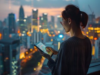 Businesswoman Reviewing Financial Forecasts on Digital Tablet in Modern City Skyline