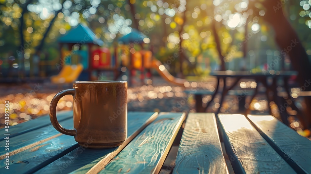 Canvas Prints Cozy Coffee Break in the Autumn Park with Playground Equipment