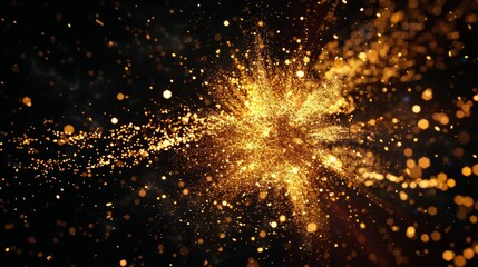 a gold explosion with glowing particles illuminating the darkness, reminiscent of a supernova, on a clean black background.