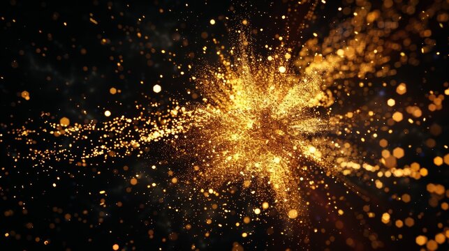 a gold explosion with glowing particles illuminating the darkness, reminiscent of a supernova, on a clean black background.