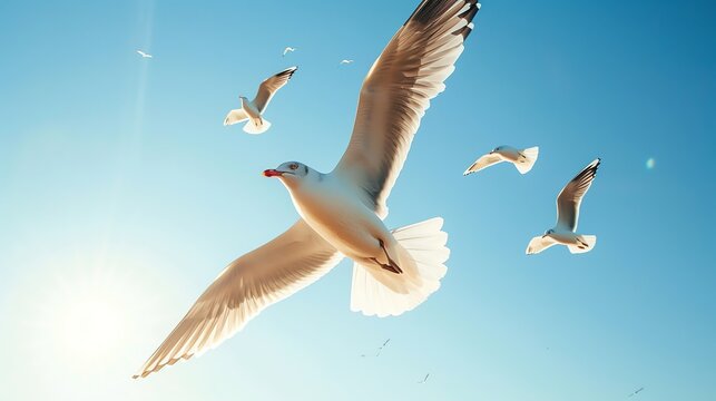 Soaring Seagulls in the Sunlight  A flock of seagulls glides gracefully through the air, their wings outstretched and catching the sunlight.