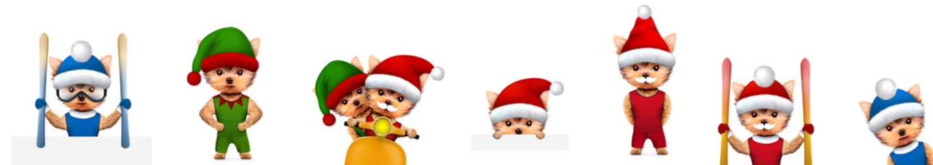 Funny Dog Santa wearing hat, beard and moustache with Elf. Christmas concept