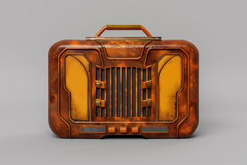 A realistic illustration of a vintage boombox with a striking orange hue, reminiscent of retro tech design for home entertainment