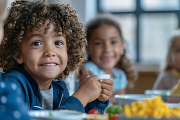 a group of children sitting at a table eating