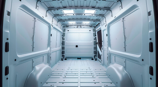 White interior of the cargo area of the new fridge van. Refrigeration unit inside.