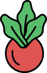 A cartoon drawing of a leafy green vegetable with a red stem