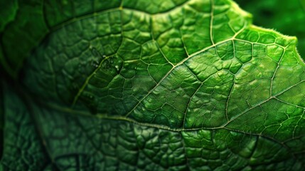 Obraz premium A close up of a leaf with a lot of detail. The leaf is green and has a lot of veins