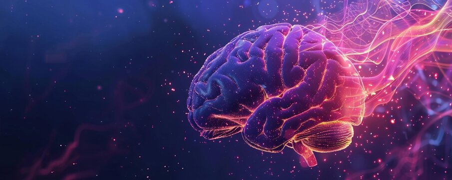 a brain with a glowing purple and blue light emanating from the center.