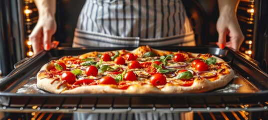 Woman removing delicious pizza from the oven, showcasing homemade cooking skills