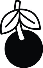 A black and white drawing of a cherry with a leaf on top