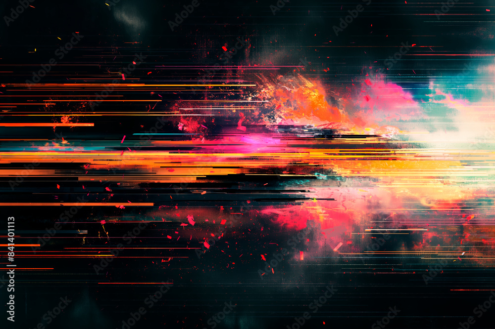 Aufkleber A vibrant digital artwork with streaks and splashes of color on a dark background, conveying a sense of dynamic movement. Generative AI