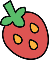 A cartoon drawing of a strawberry with a leaf on top