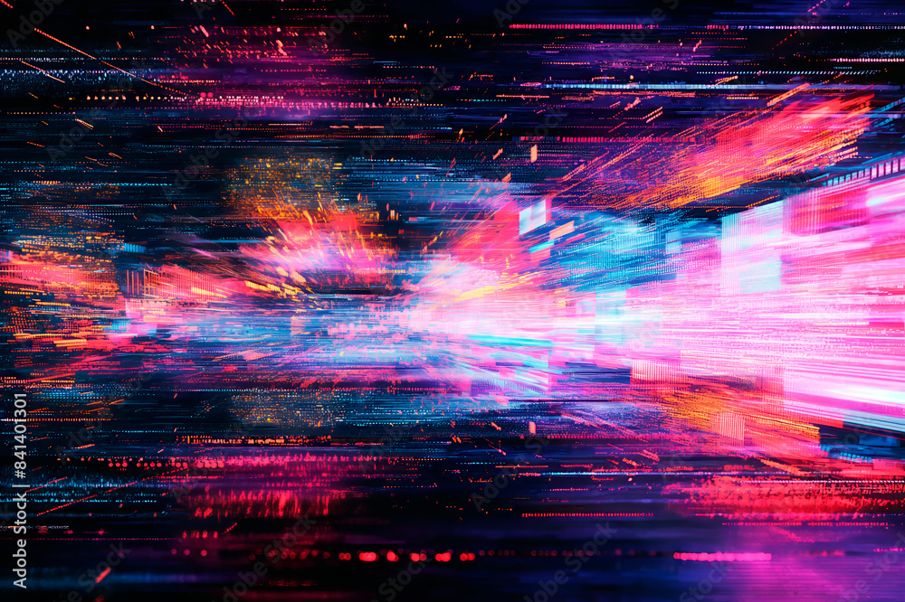 Poster An abstract digital art with vibrant blue and pink streaks creating a dynamic light explosion effect on a dark background, concept of energy. Generative AI