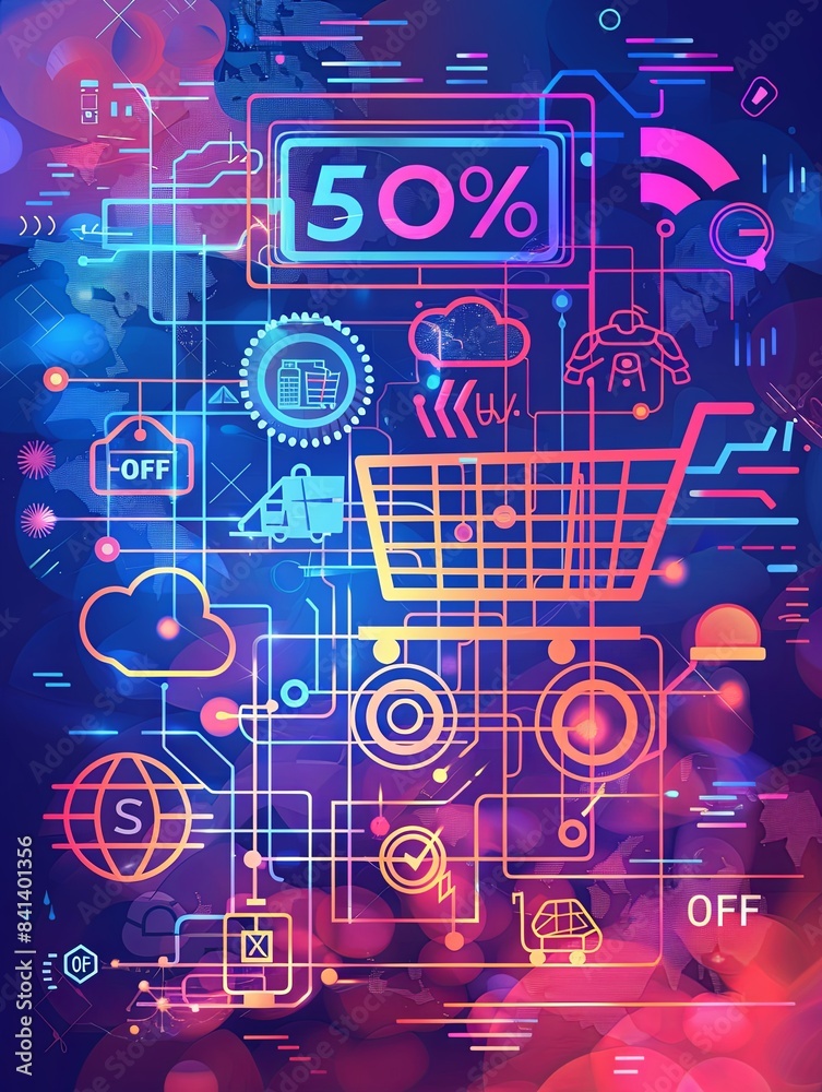 Poster abstract background with a shopping cart, digital icons, and a large 50% off text. generative ai