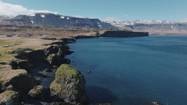 Aerial view of the cliffs between Arnarstapi and Hellnar in Snaefellsnes Snaefellsnes Regional Park in Iceland. Impressive summer view at sunny day of Iceland. Wonderful nature of Iceland.