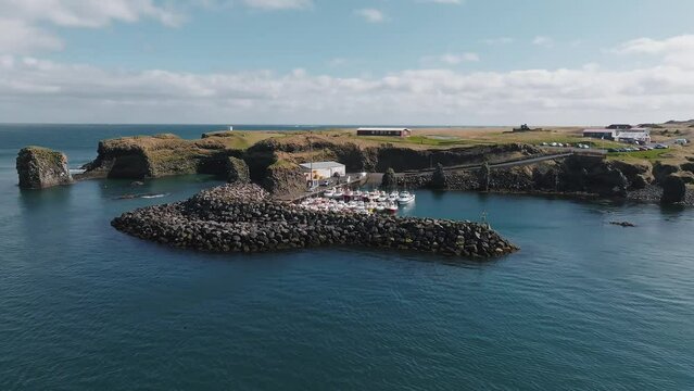 Aerial view of the cliffs between Arnarstapi and Hellnar in Snaefellsnes Snaefellsnes Regional Park in Iceland. Impressive summer view at sunny day of Iceland. Wonderful nature of Iceland.