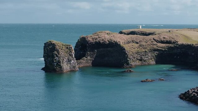 Aerial view of the cliffs between Arnarstapi and Hellnar in Snaefellsnes Snaefellsnes Regional Park in Iceland. Impressive summer view at sunny day of Iceland. Wonderful nature of Iceland.