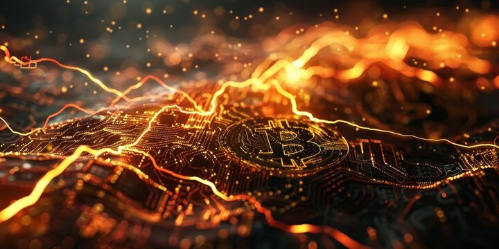 Futuristic Bitcoin Blockchain Technology: Digital Lightning Network and Rapid Transactions on 4K HD Wallpaper，Technology, the digital lightning network of Bitcoin blockchain technology and its fast tr