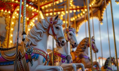 Vintage carousel with ornate horses painted in classic colors, Generative AI