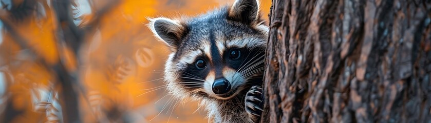 Curious Raccoon Peeking Out From Behind Tree Clutching Food In Its Paws