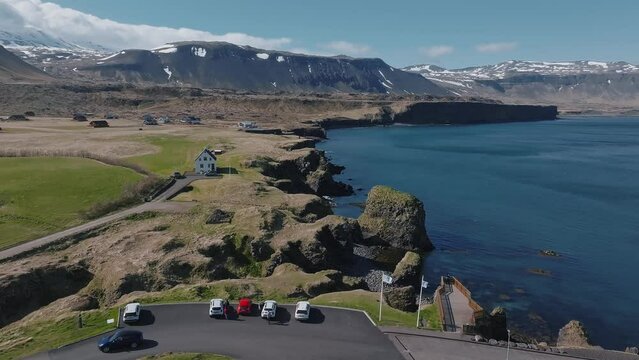 Aerial view of the cliffs between Arnarstapi and Hellnar in Snaefellsnes Snaefellsnes Regional Park in Iceland. Impressive summer view at sunny day of Iceland. Wonderful nature of Iceland.