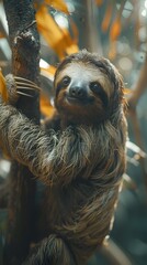 Fototapeta premium Serene Sloth Hanging Peacefully from Tree Branch in Tranquil Wilderness