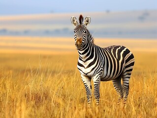 Obraz premium Striking Zebra Standing Majestically in the African Savanna with Dramatic Lighting and Copy Space