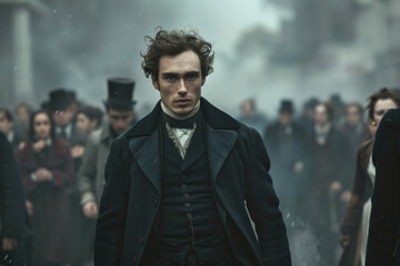 a man in a suit and tie standing in front of a crowd